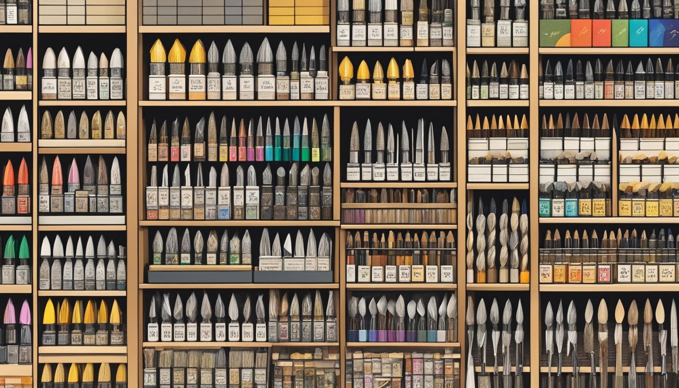 A display of calligraphy nibs in a Singaporean art supply store. Shelves showcase various brands and sizes, with price tags and labels for easy browsing