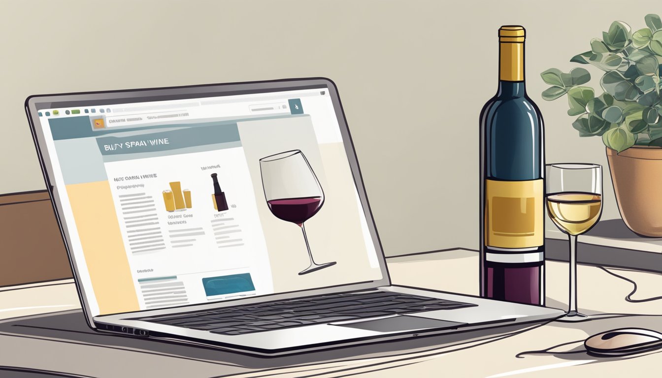 A laptop with a wine bottle, glass, and a computer mouse on a table. The screen shows a website with "buy Spanish wine online" displayed