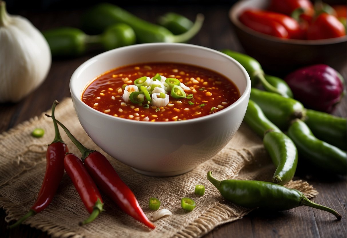 A bowl of homemade Chinese chili sauce surrounded by fresh chili peppers and garlic cloves