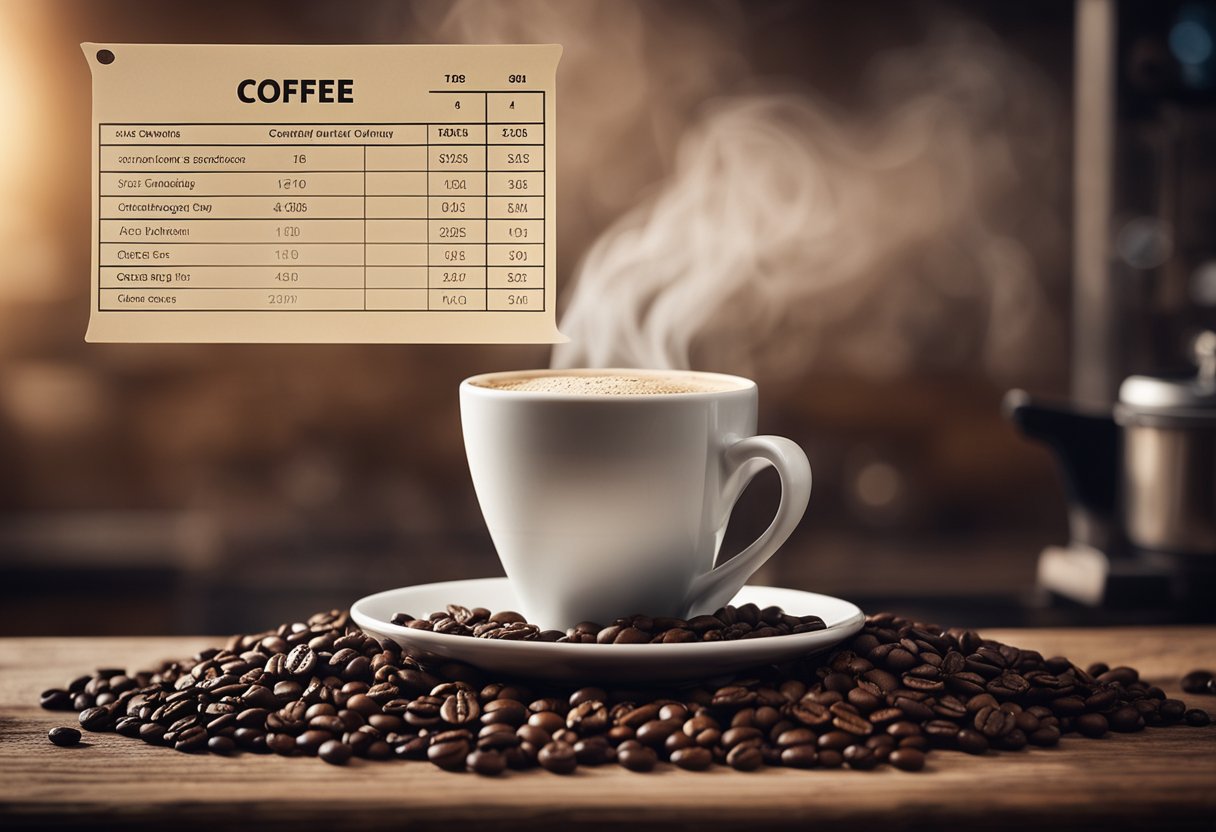 A steaming cup of coffee sits on a table, surrounded by scattered coffee beans and a caffeine content chart in the background