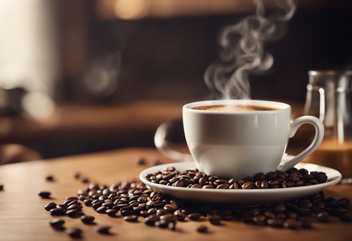 A steaming cup of coffee sits on a table, with coffee beans scattered around. A caffeine molecule hovers above the cup, radiating energy