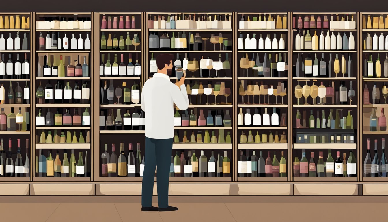 Customers browsing shelves of Spanish wine bottles online, with a "Frequently Asked Questions" section visible on the website