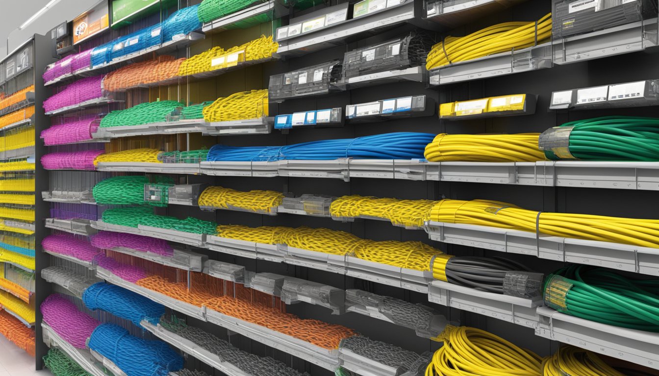 A hardware store display showcases various lengths and colors of Cat6 cables in Singapore