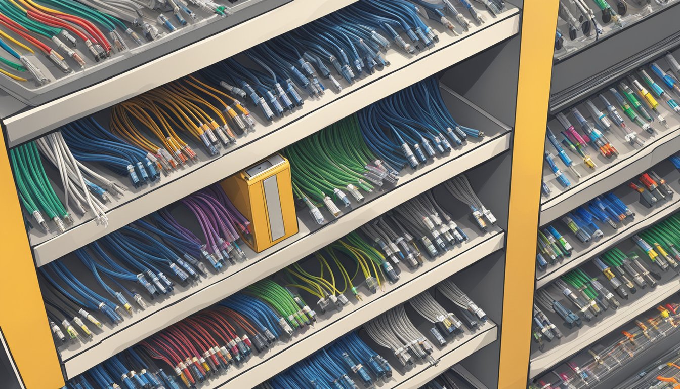 A store shelf displays various Cat6 cables in Singapore
