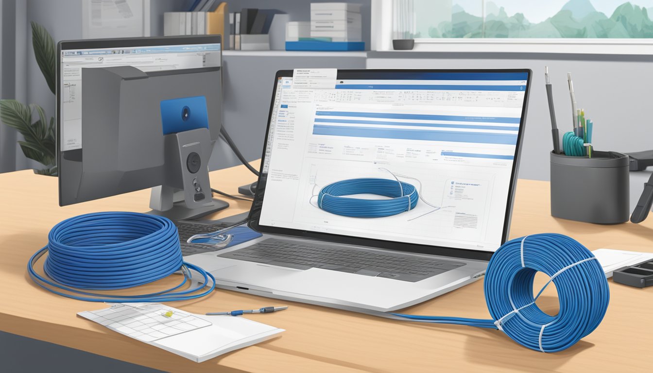 A spool of Cat6 cable sits on a clean, organized workbench, with a label displaying its specifications. Nearby, a computer screen shows a search for "where to buy cat6 cable singapore."