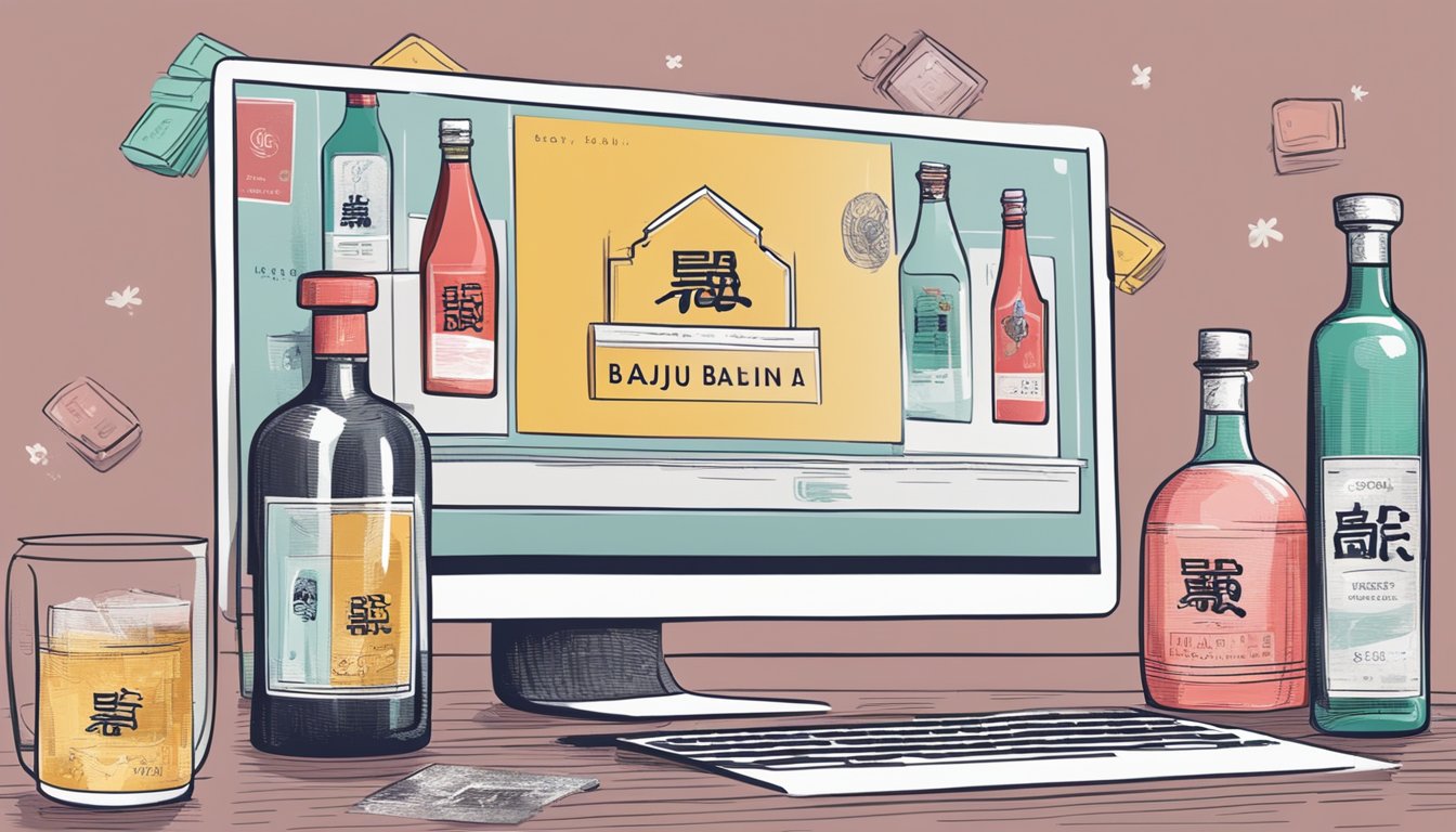 A computer screen showing a website with "buy baijiu online" displayed, surrounded by bottles of baijiu and a credit card