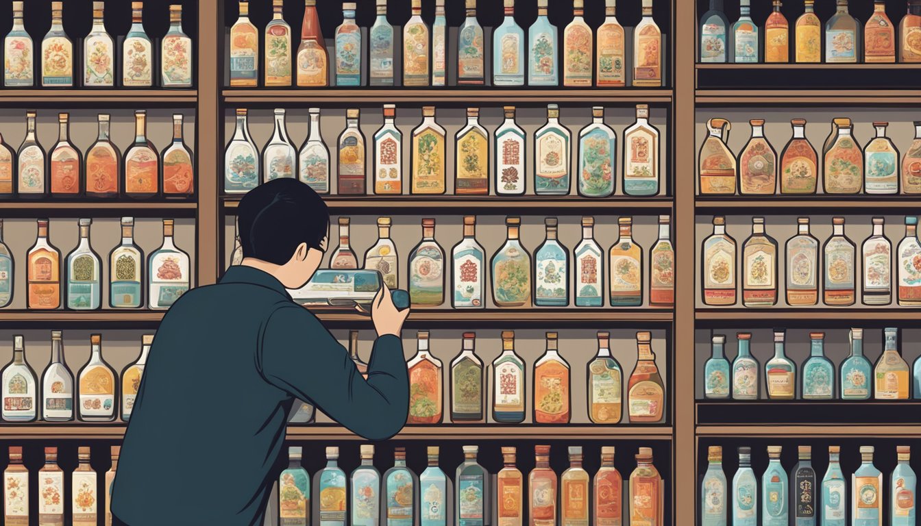 A person browsing a variety of baijiu bottles online, with different labels and colors displayed on the screen