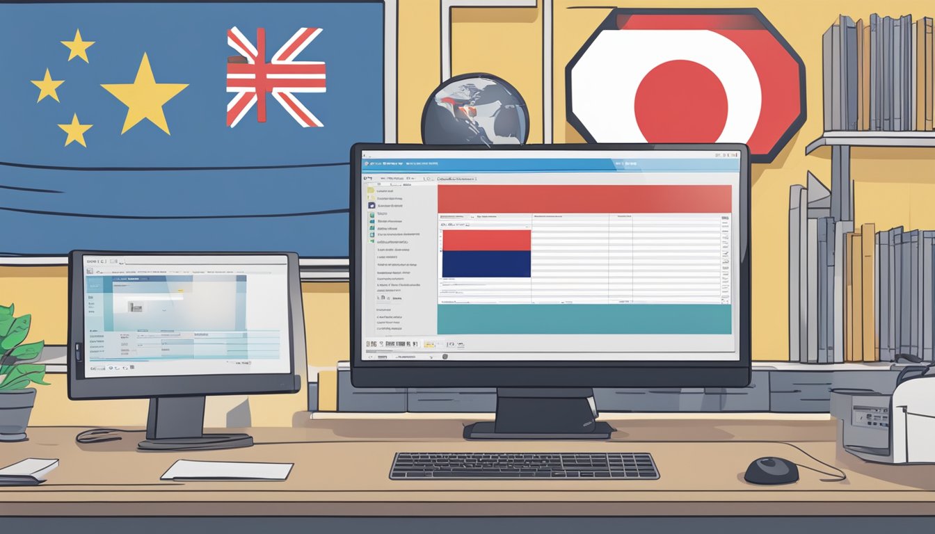 A computer monitor displaying the POSB eSavings interface with a Singaporean flag in the background