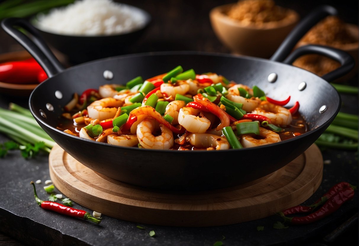 A wok sizzles with tender squid, stir-fried in a spicy, aromatic sauce with vibrant red chillies, garlic, and green onions