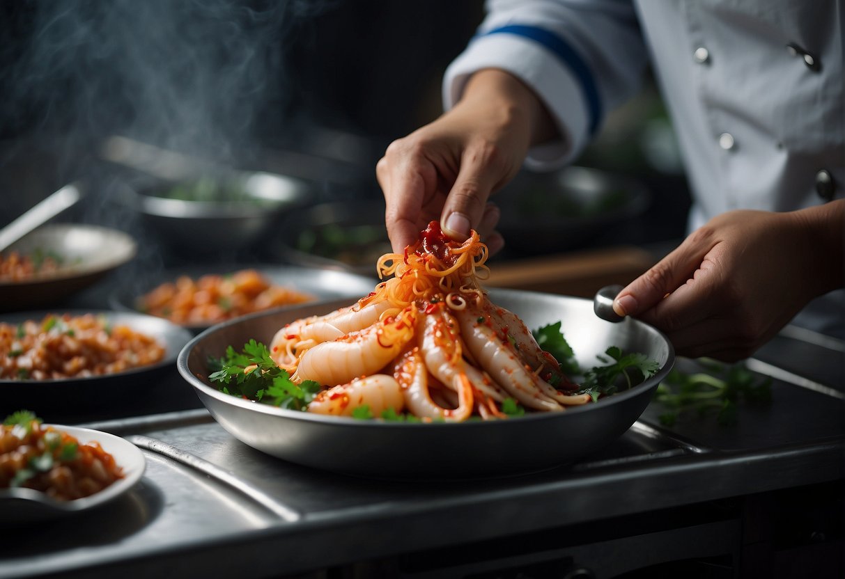 A chef gathers fresh squid and prepares them with Chinese chili sauce