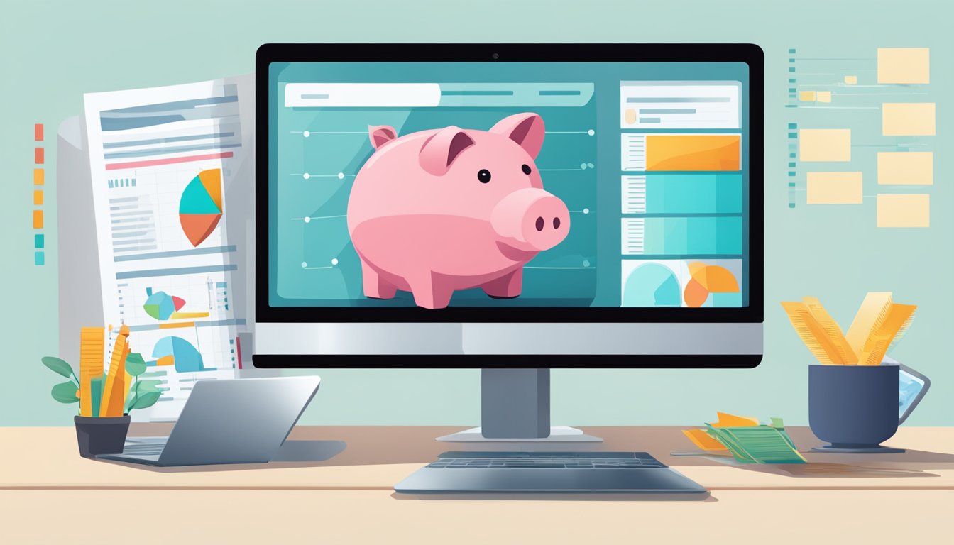 A piggy bank sits on a desk next to a laptop and a stack of investment brochures. A graph on the screen shows a steady increase