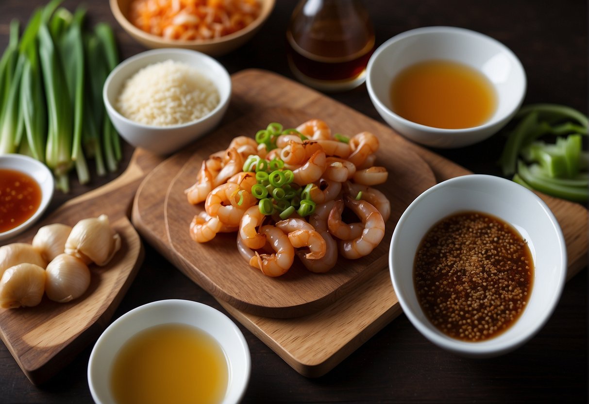 A table with ingredients: squid, Chinese chili, soy sauce, garlic, ginger, green onions, and sesame oil. Possible substitutions displayed nearby