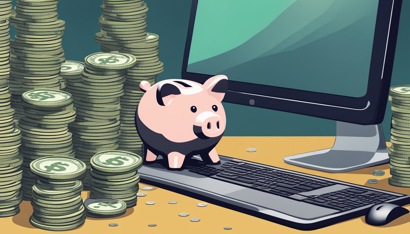 A piggy bank sits on a desk, surrounded by stacks of coins and dollar bills. A computer screen in the background displays the POSB eSavings logo