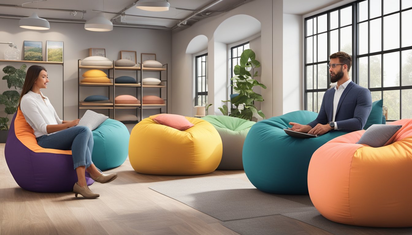 A customer browsing through a variety of bean bag options displayed in a showroom, with a salesperson nearby ready to answer any questions