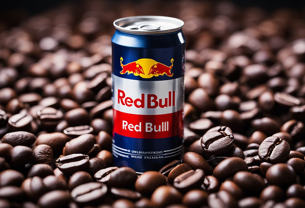 A can of Red Bull sits on a table, surrounded by scattered coffee beans and a caffeine content label