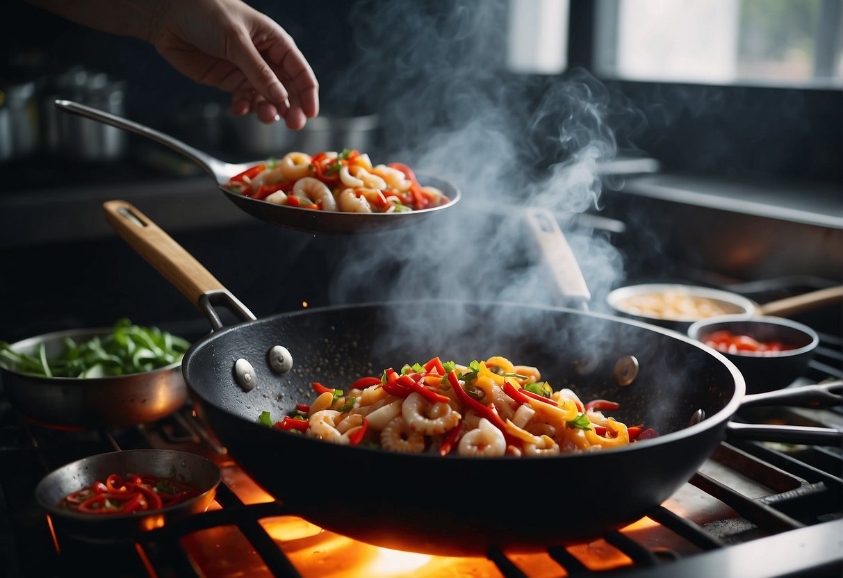 Sizzling squid stir-frying in a wok with vibrant red chili peppers, garlic, and ginger. Steam rising, fragrant aroma filling the kitchen