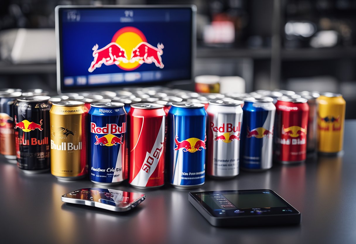 A table with various energy drink cans, including Red Bull. A digital scale next to them for measurement. A chart comparing caffeine content