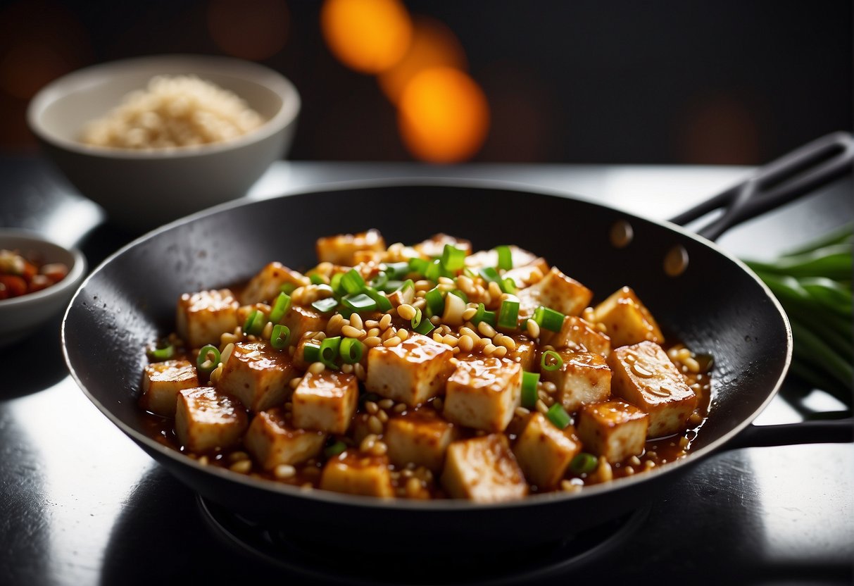 A wok sizzles with diced tofu, ginger, and garlic in a spicy chili sauce. Green onions and sesame seeds garnish the dish