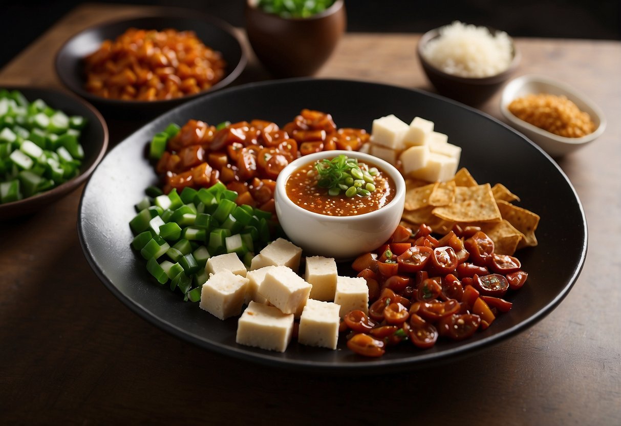 A table with neatly arranged ingredients: tofu, soy sauce, chili paste, garlic, ginger, green onions, and sesame oil