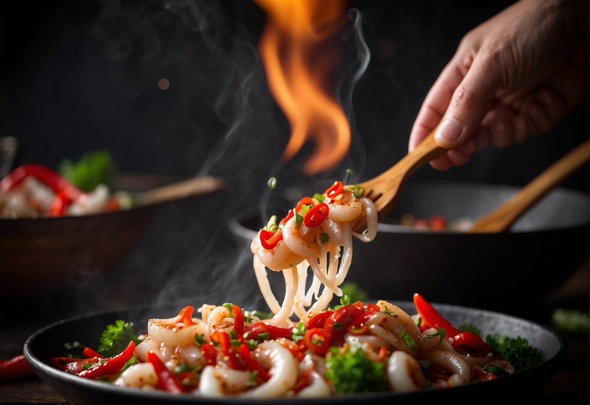 A sizzling wok tosses tender squid with vibrant red chili peppers, garlic, and ginger, releasing a tantalizing aroma. Soy sauce and sesame oil add depth to the dish