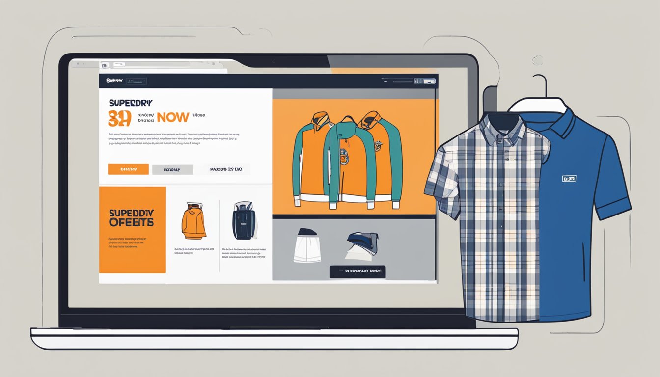 A computer screen showing a website with the Superdry logo, product images, and a "buy now" button