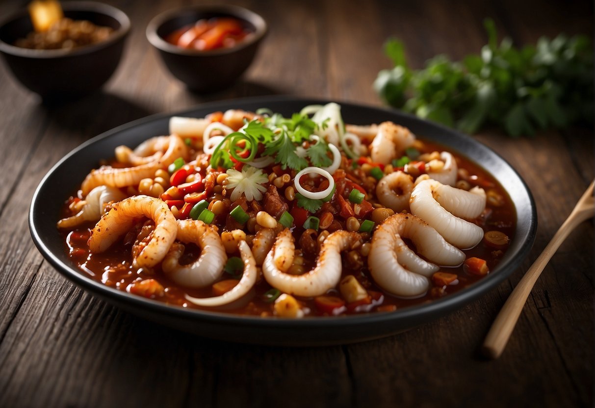 A platter of Chinese chili squid being presented with garnishes and serving utensils on a wooden table