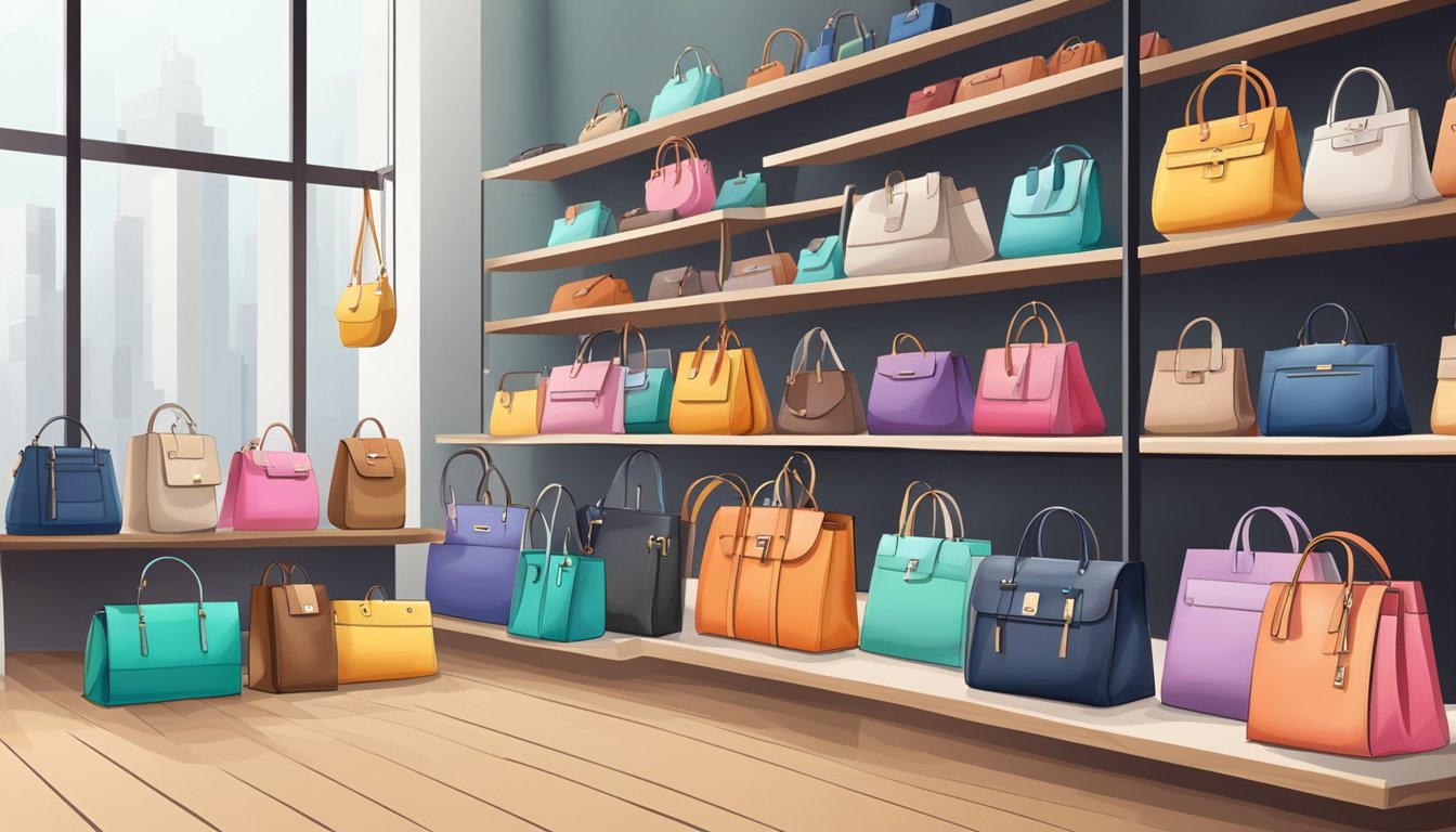 A variety of stylish bags displayed on shelves, with price tags and online shopping websites in the background