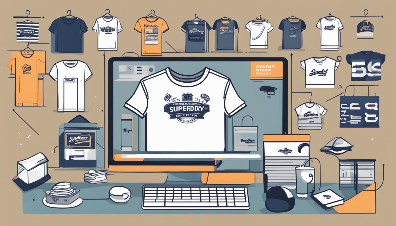 A computer screen displaying a variety of Superdry T-shirts, with a mouse cursor hovering over the "buy now" button