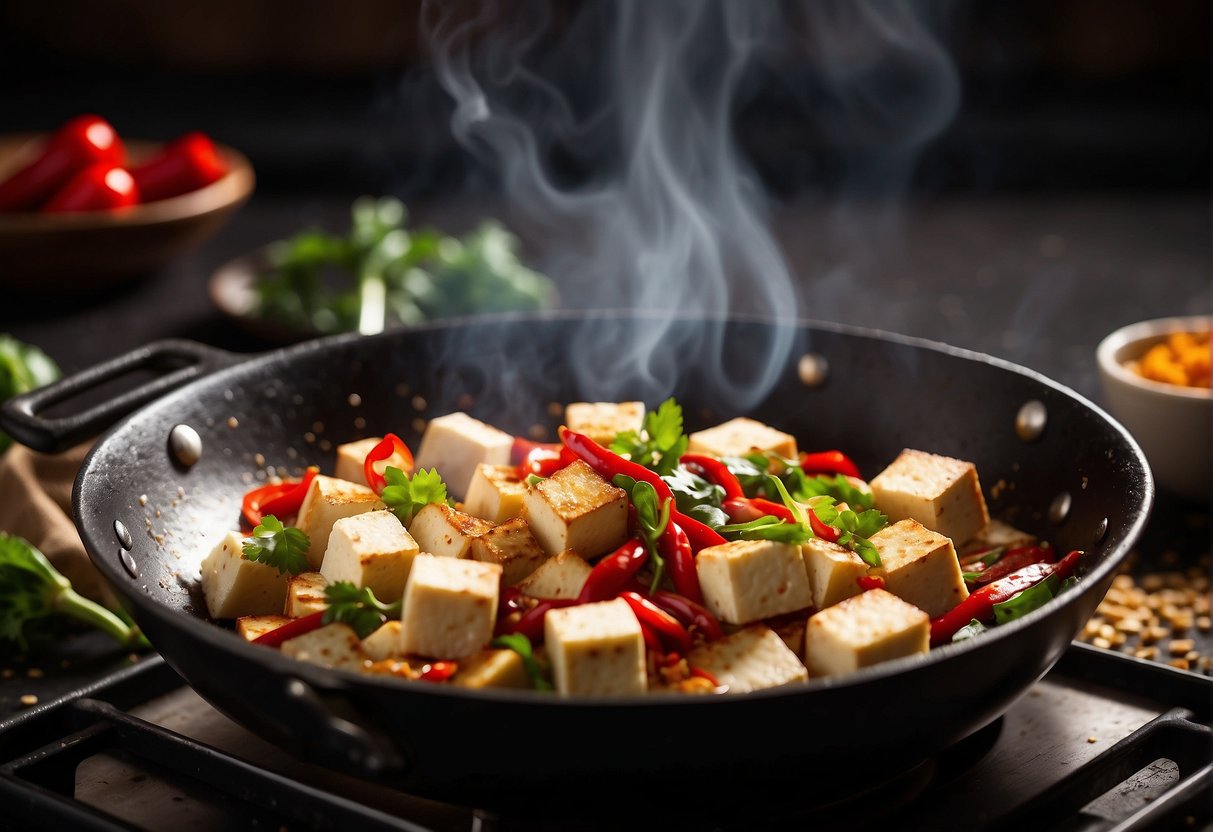 Sizzling tofu cubes in a wok with chopped garlic, ginger, and red chili peppers. Steam rising, vibrant colors, and aromatic spices