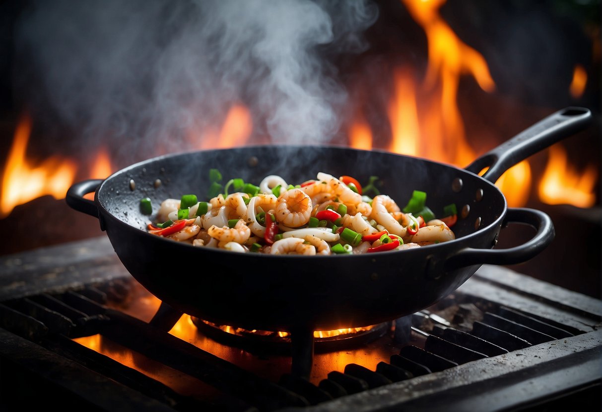 A sizzling wok with stir-fried squid, chili peppers, and Chinese spices. Steam rises as the fragrant dish is garnished with green onions