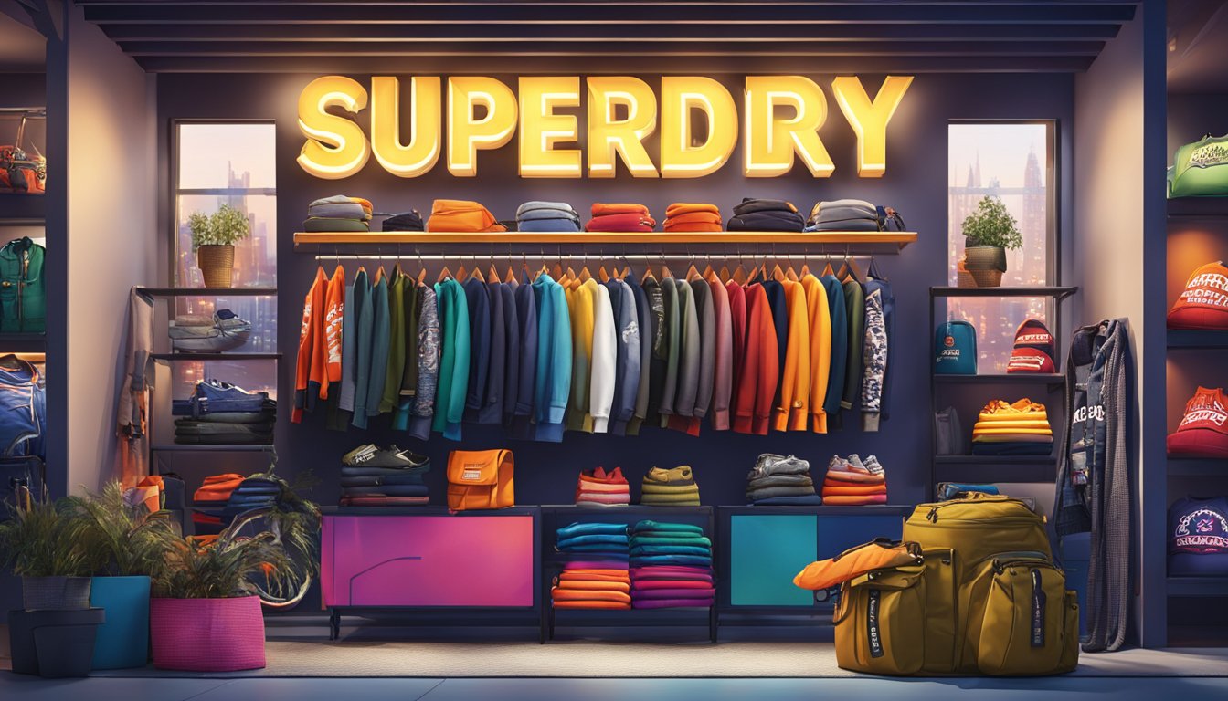A colorful display of Superdry clothing and accessories, with the brand's logo prominently featured. Bright lights and a modern, urban backdrop complete the scene