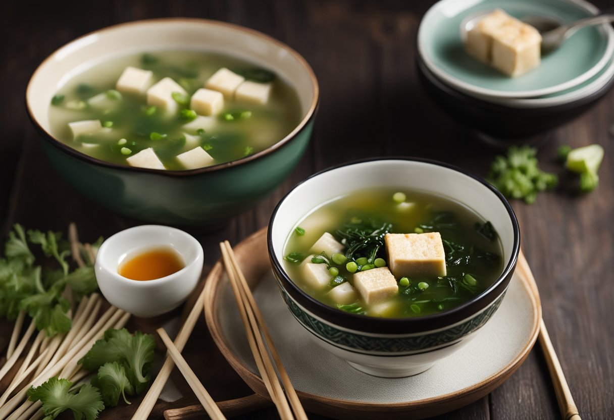 A steaming bowl of Chinese kelp soup, garnished with green onions and tofu, sits on a wooden table surrounded by chopsticks and a spoon