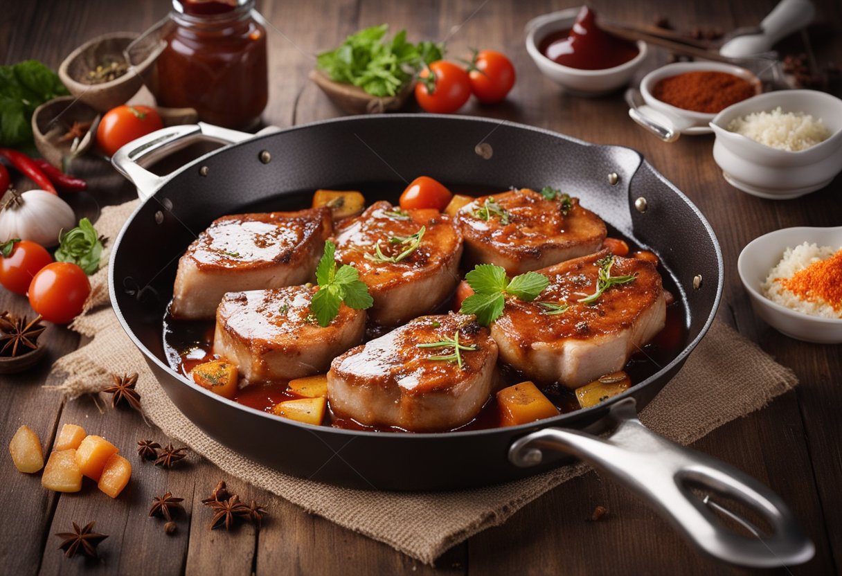 Pork chops sizzling in a pan with ketchup sauce, surrounded by Chinese spices and ingredients