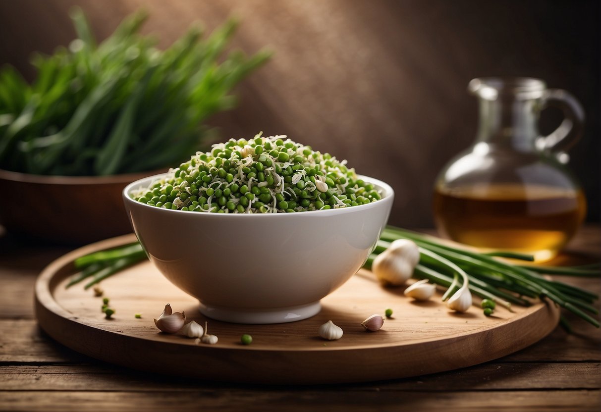 A bowl of freshly picked Chinese chive flowers sits on a wooden cutting board, surrounded by a scattering of garlic cloves and a small dish of soy sauce