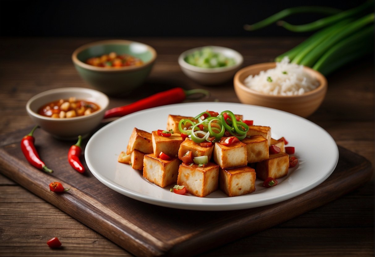 A wooden table with a white plate. On the plate, there is a serving of Chinese chilli tofu garnished with green onions and red chilli slices