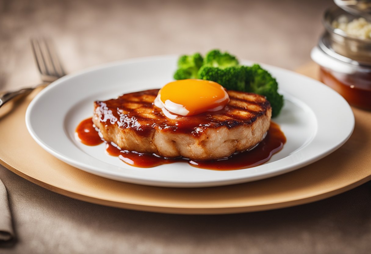 A sizzling pork chop is being generously coated with a thick layer of tangy ketchup, ready to be cooked to perfection