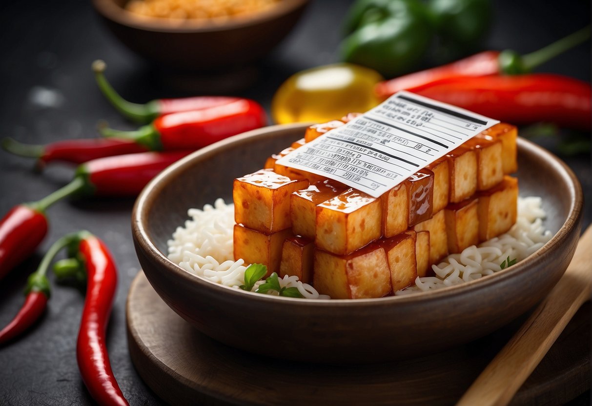 A plate of Chinese chilli tofu with a clear label showing the nutritional information including calories, fat, protein, and carbohydrates