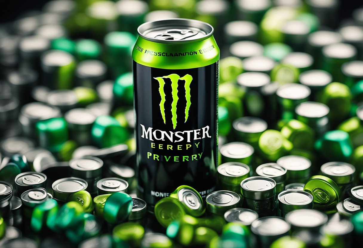 A can of Monster energy drink sits on a table, surrounded by scattered caffeine pills and a measuring spoon