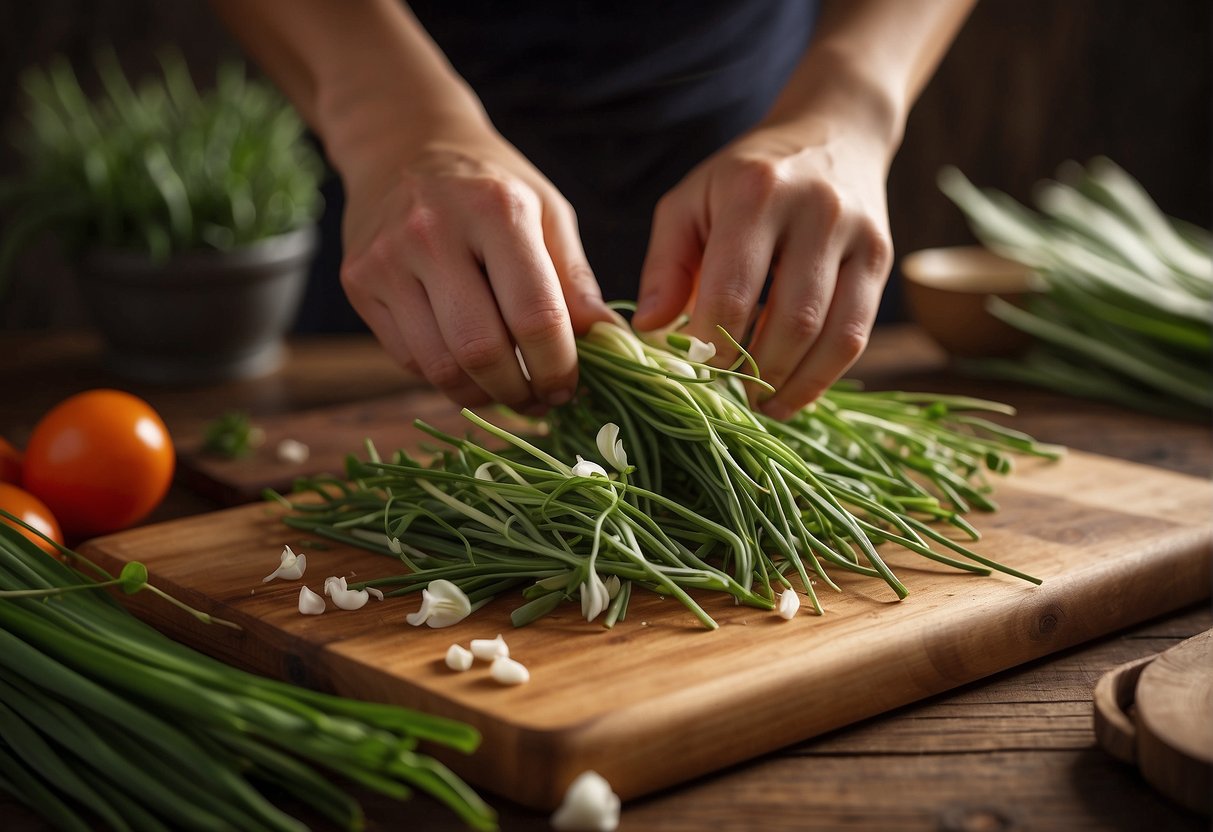A hand reaches for fresh chinese chive flowers and other ingredients on a wooden cutting board