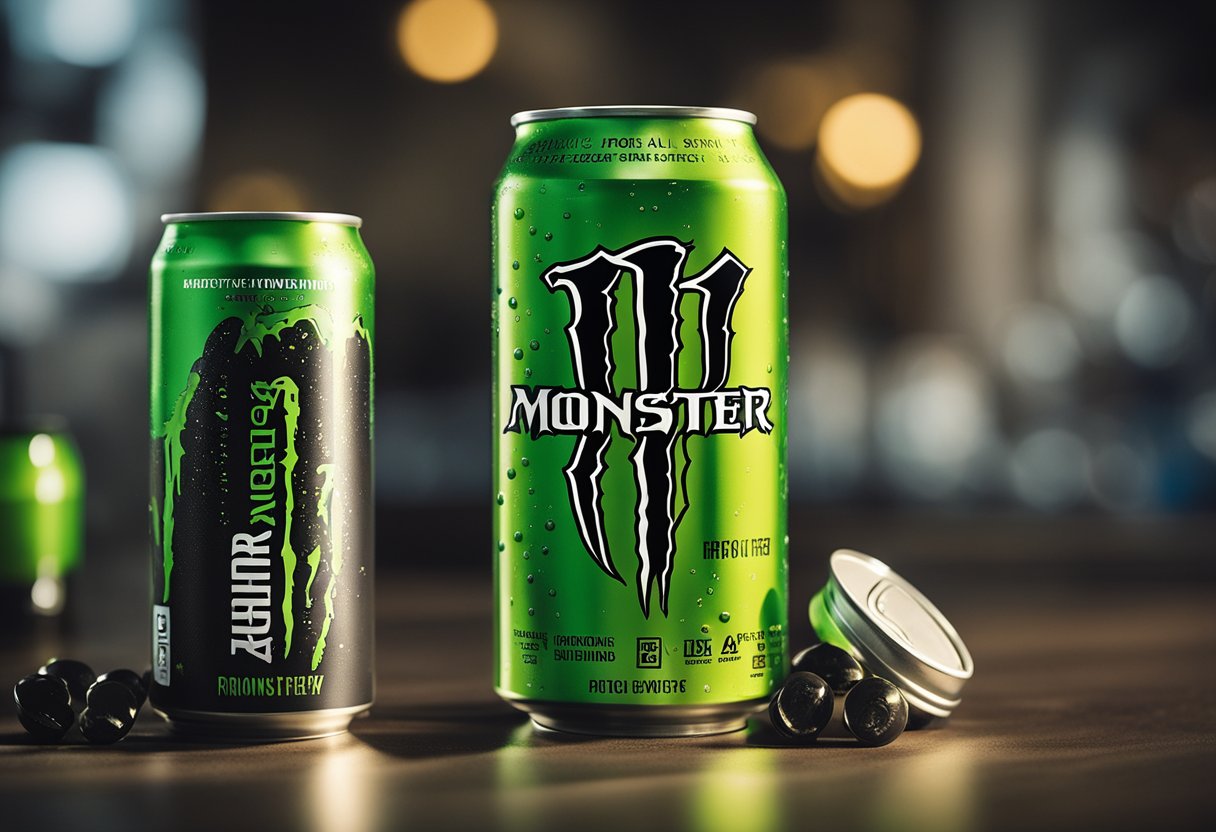 A can of Monster Energy Drink sits on a table, surrounded by scattered caffeine pills and a measuring cup. The label prominently displays the caffeine content