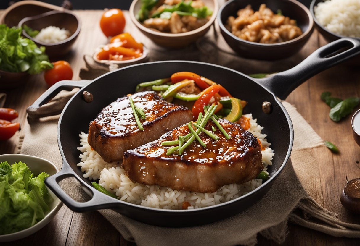 Pork chops sizzling in a pan with a glaze of tangy ketchup, garlic, and soy sauce. A wok filled with stir-fried vegetables and steaming rice completes the scene