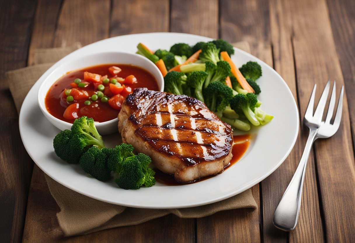 A plate of juicy pork chops drizzled with tangy ketchup, served with a side of traditional Chinese vegetables, on a rustic wooden table