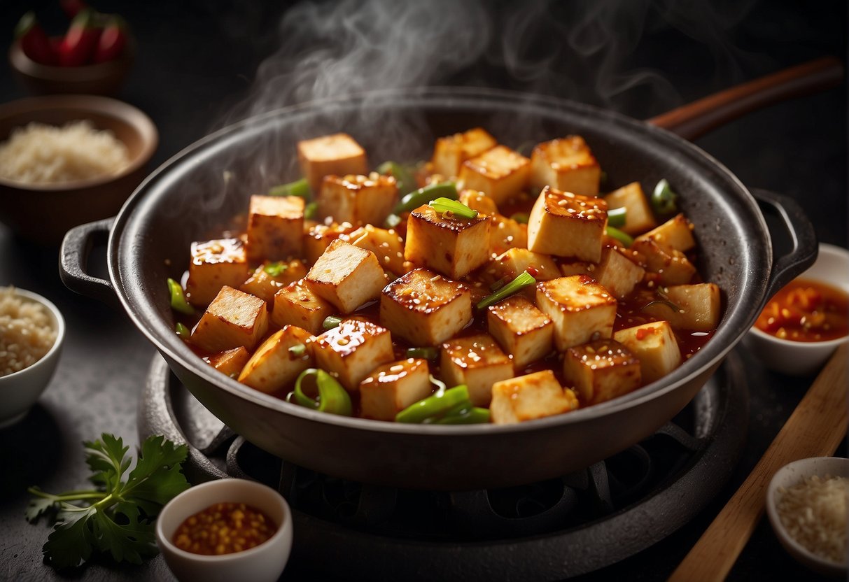 A steaming wok sizzles with cubes of golden brown tofu, tossed in a fragrant blend of Chinese chili sauce and aromatic spices