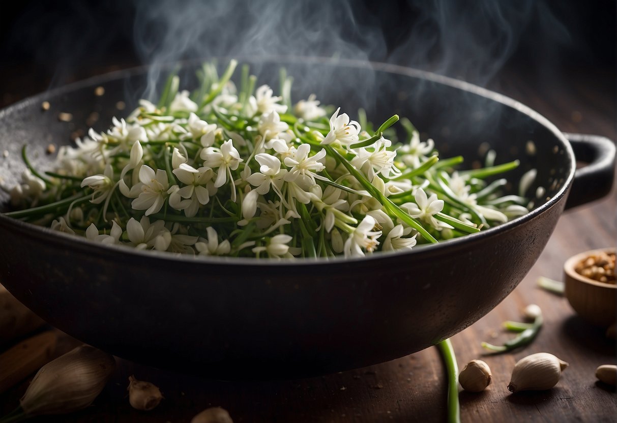 Chinese chive flowers sizzle in a hot wok with garlic and ginger. Steam rises as the ingredients are tossed together, creating a fragrant and savory aroma