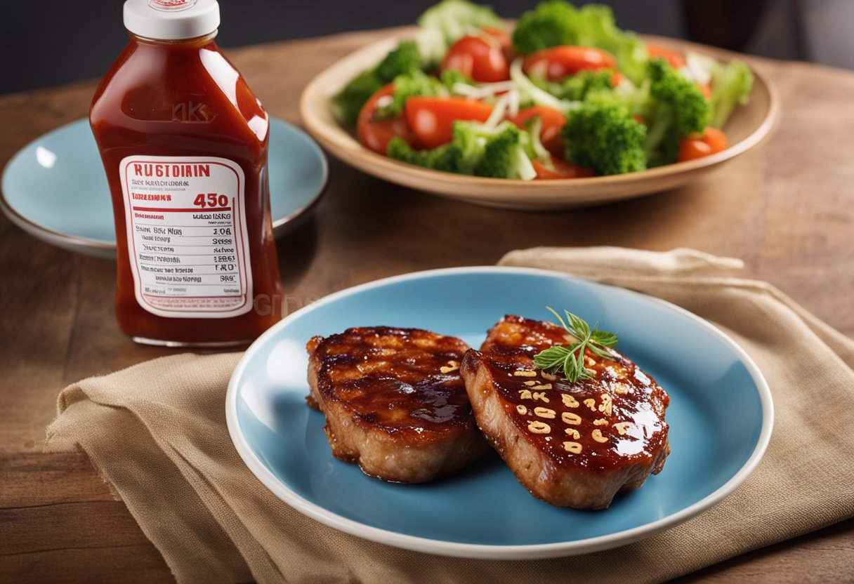 A bottle of ketchup next to a plate of juicy pork chops, with Chinese characters in the background, displaying nutritional information