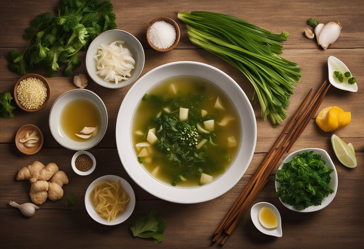 A steaming bowl of kelp soup sits on a wooden table, surrounded by traditional Chinese ingredients like ginger, garlic, and scallions. The rich, savory aroma wafts through the air, promising a nourishing and comforting meal