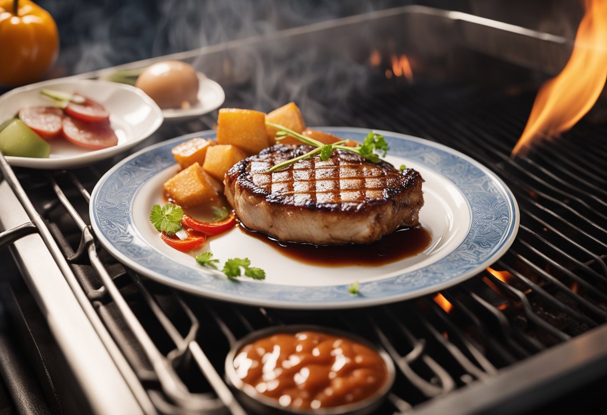 A sizzling pork chop sizzling on a hot grill, with a bottle of ketchup and a Chinese recipe book nearby