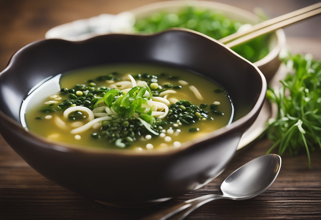 A steaming bowl of kelp soup sits on a wooden table with chopsticks and a spoon next to it. Green onions and sesame seeds sprinkle on top