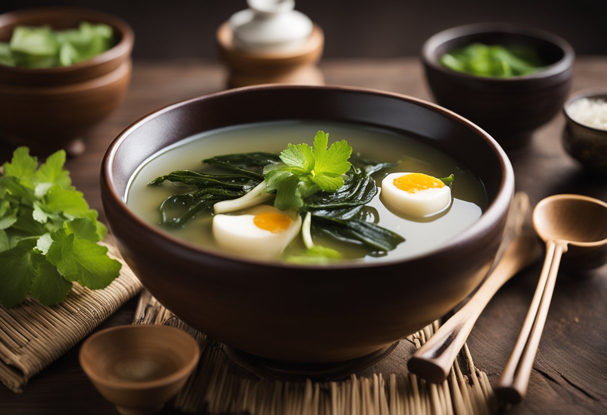 A steaming bowl of kelp soup sits on a wooden table, surrounded by traditional Chinese ingredients and utensils