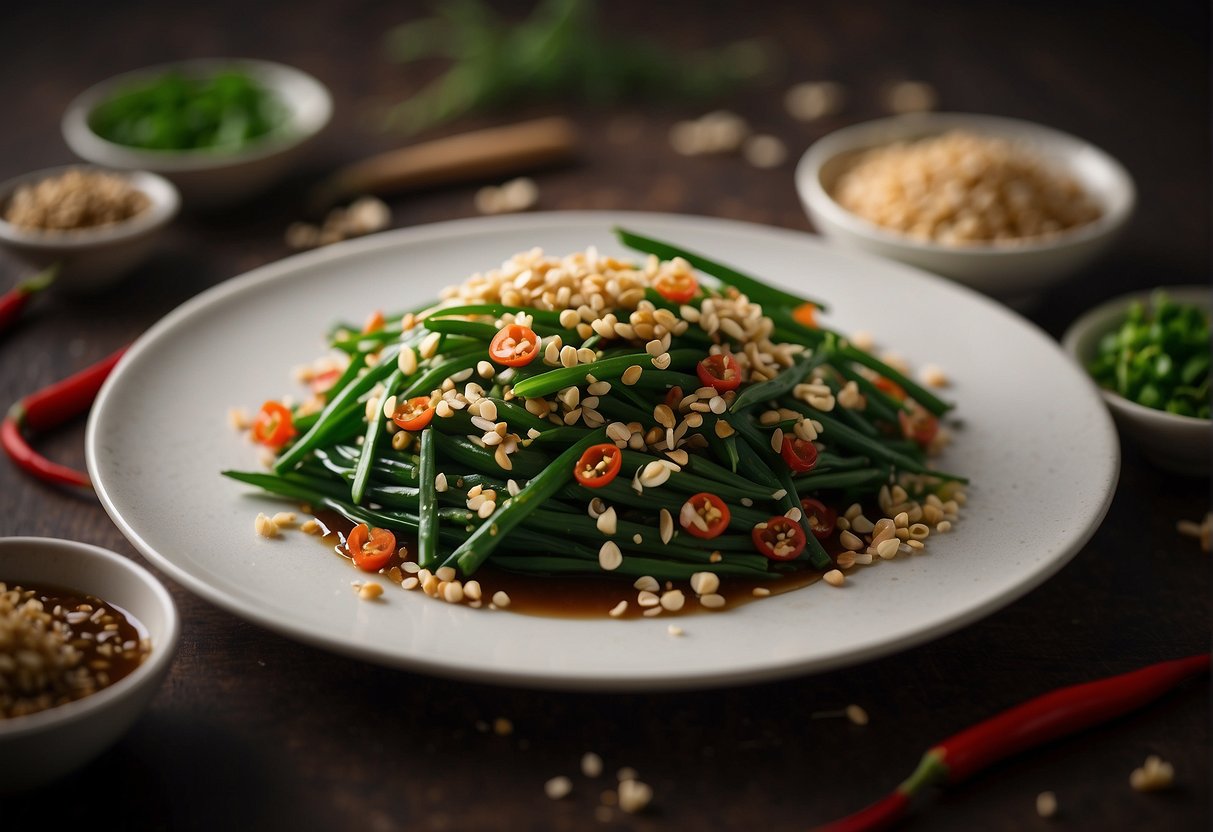 A plate of chinese chive flowers stir-fried with garlic and soy sauce, garnished with sesame seeds and red chili flakes